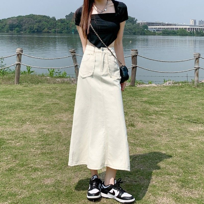 Jiashucheng Chân Váy Denim Dài Đến Giữa Eo Cao Vừa Vặn Phong Cách Mới Xuân Thu Cho Nữ @