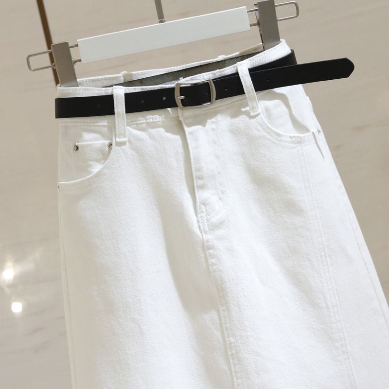 Jiashucheng Chân Váy Jean Chữ a Lưng Cao Xẻ Tà Màu Trắng Thời Trang Mùa Hè Cho Nữ