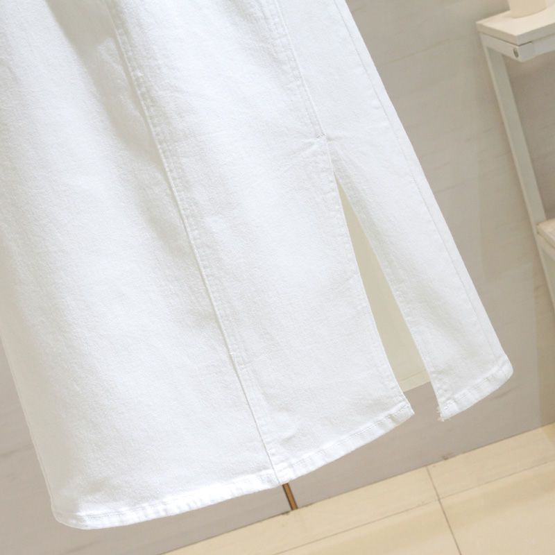 Jiashucheng Chân Váy Jean Chữ a Lưng Cao Xẻ Tà Màu Trắng Thời Trang Mùa Hè Cho Nữ