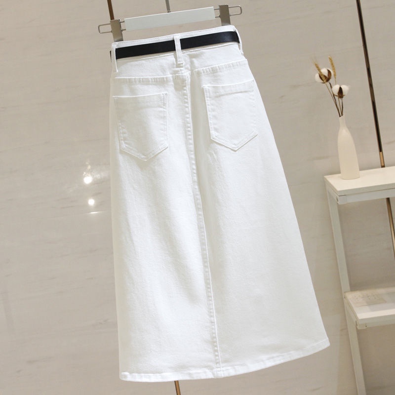 Jiashucheng Chân Váy Jean Chữ a Lưng Cao Xẻ Tà Màu Trắng Thời Trang Mùa Hè Cho Nữ