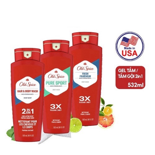 Sữa tắm nam Gel Old Spice 473ml Timber Bearglove Fiji Wolfthorn Pure Sport Fresh Tắm gội 2in1 532ml Made in