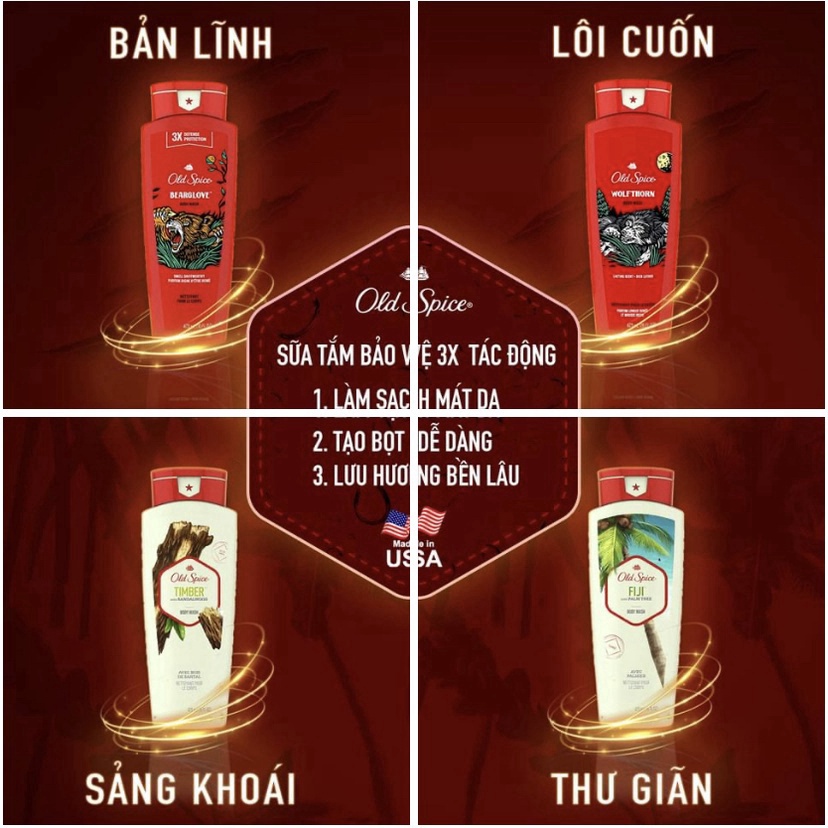 Sữa tắm nam Gel Old Spice 473ml Timber Bearglove Fiji Wolfthorn Pure Sport Fresh Tắm gội 2in1 532ml Made in