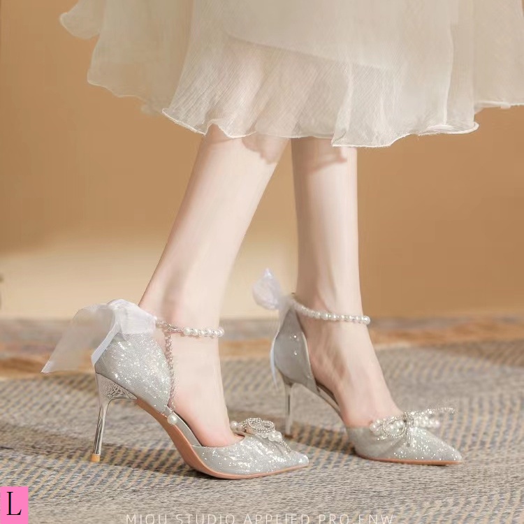 Giày Cao Gót Hở Ngón Phối Ruy Băng Ngọc Trai Thời Trang Xuân Hè 2023 Phong Cách Mới