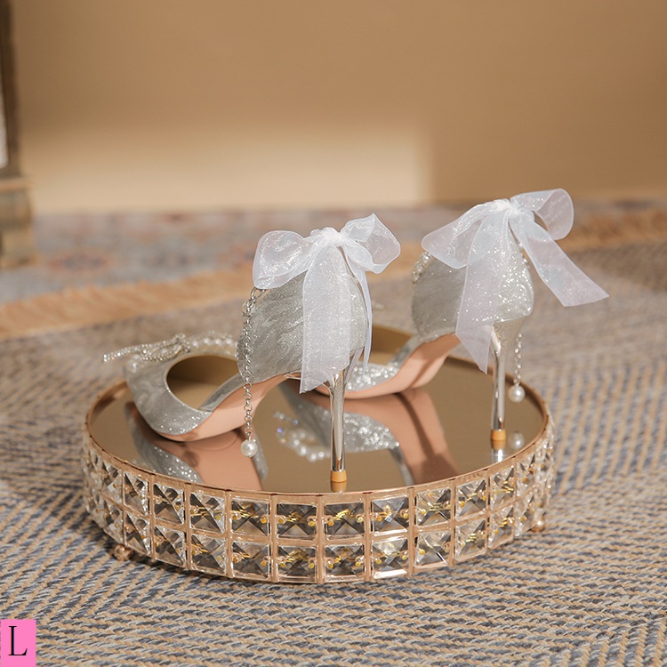 Giày Cao Gót Hở Ngón Phối Ruy Băng Ngọc Trai Thời Trang Xuân Hè 2023 Phong Cách Mới