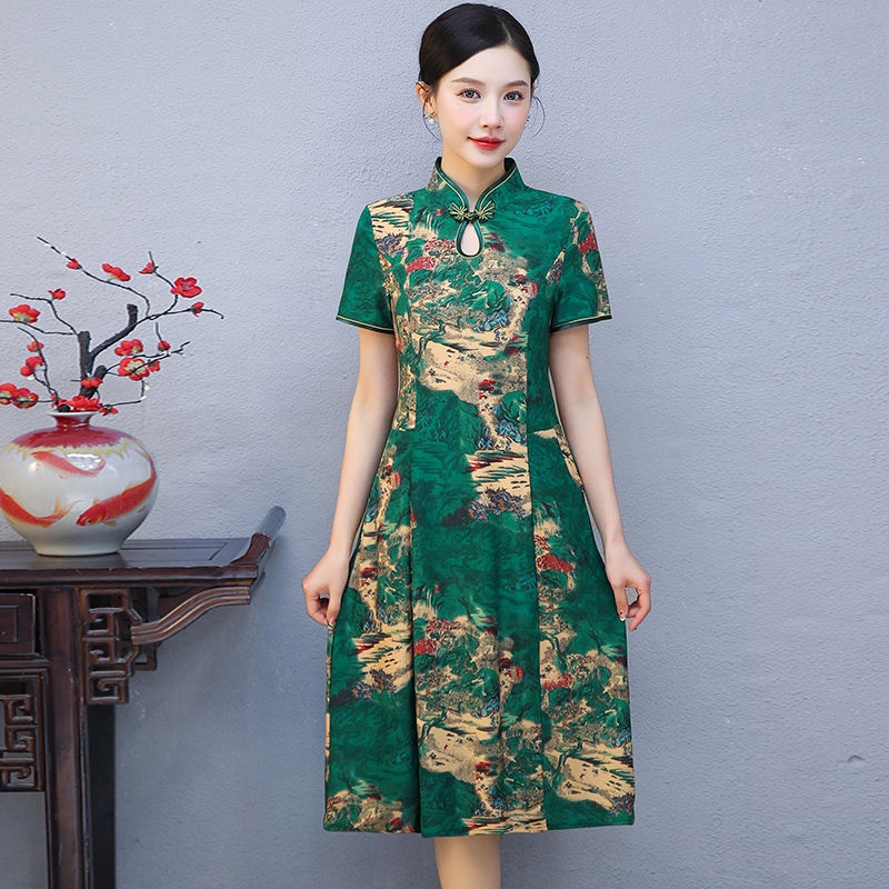 Đầm Sườn Xám Tay Ngắn Phong Cách Phương Tây Thời Trang Mùa Hè Mới Cho Phụ Nữ Trung Niên Kksjg.Vn