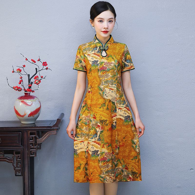 Đầm Sườn Xám Tay Ngắn Phong Cách Phương Tây Thời Trang Mùa Hè Mới Cho Phụ Nữ Trung Niên Kksjg.Vn