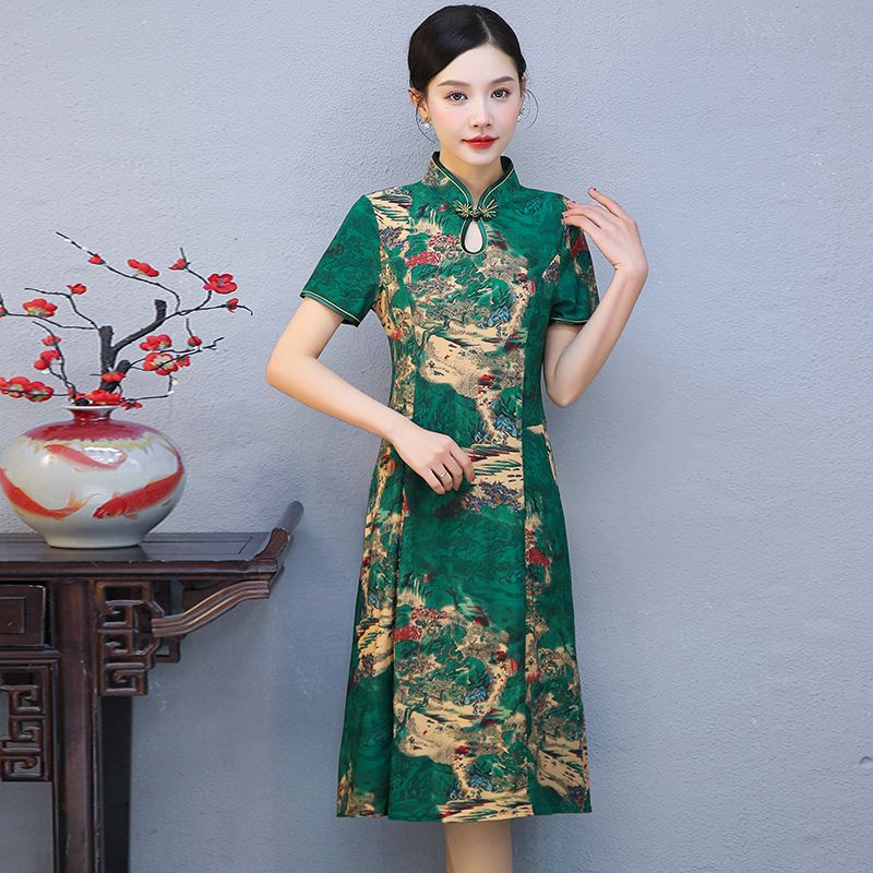 Đầm Sườn Xám Tay Ngắn Phong Cách Phương Tây Thời Trang Mùa Hè Mới Cho Phụ Nữ Trung Niên Kksjg.Vn