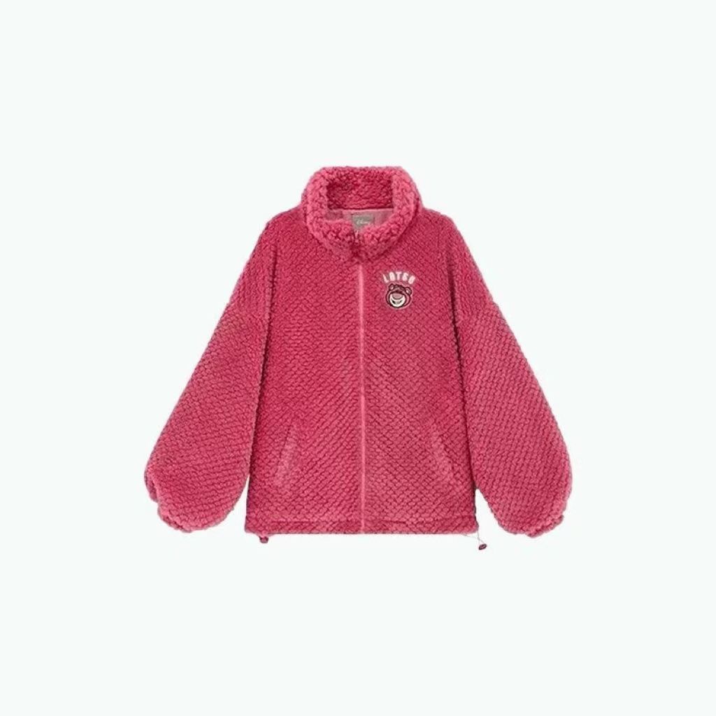 Áo Khoác Hoodie Len Lông Cừu Dáng Rộng In Hình Gấu Dâu Tây