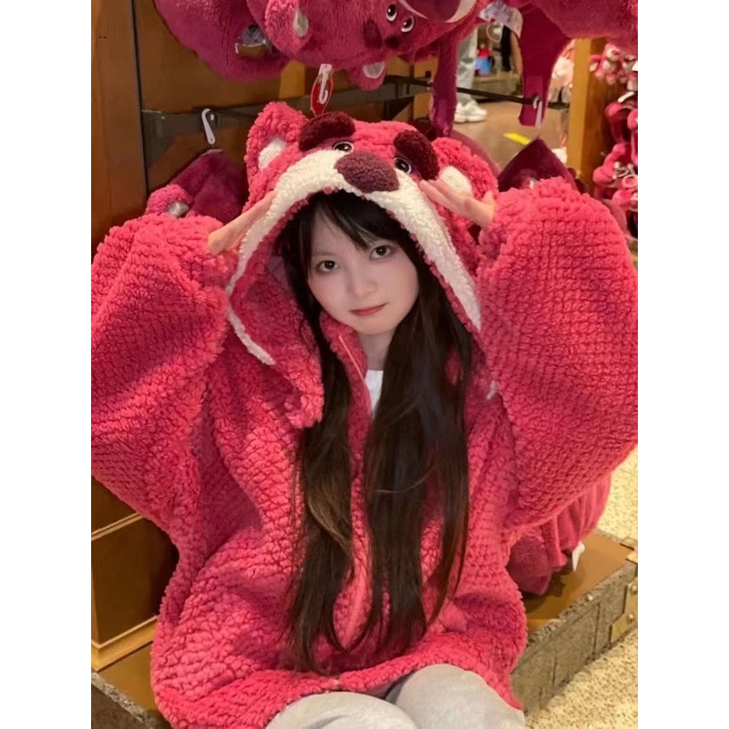 Áo Khoác Hoodie Len Lông Cừu Dáng Rộng In Hình Gấu Dâu Tây