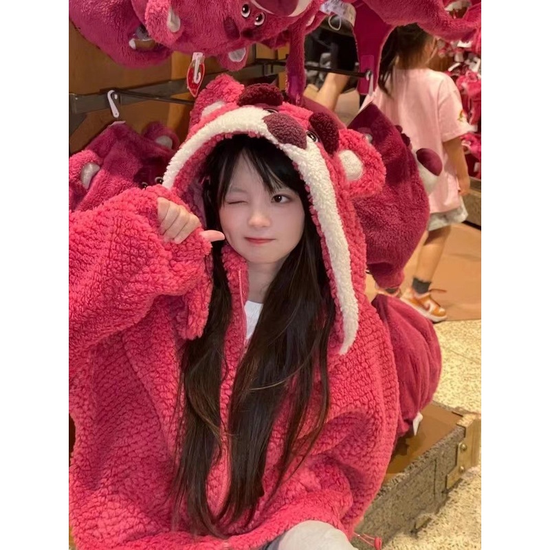 Áo Khoác Hoodie Len Lông Cừu Dáng Rộng In Hình Gấu Dâu Tây