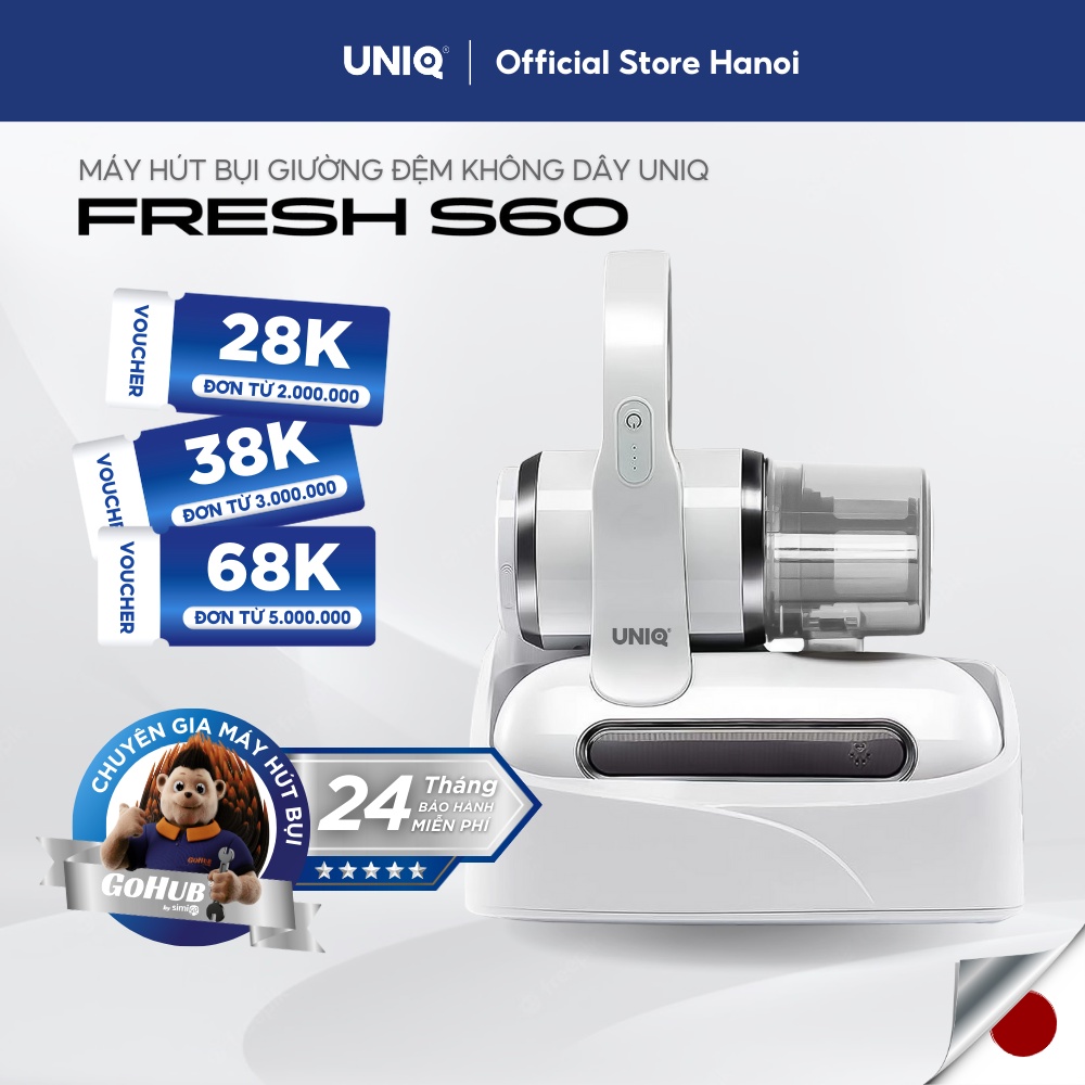 Máy Hút Bụi Giường Đệm Nệm Uniq Fresh S60 Không Dây Cầm Tay Cao Cấp Đế Sạc Tự Động Đèn Uv Diệt Sạch Vi Khuẩn Ga Gối Lông