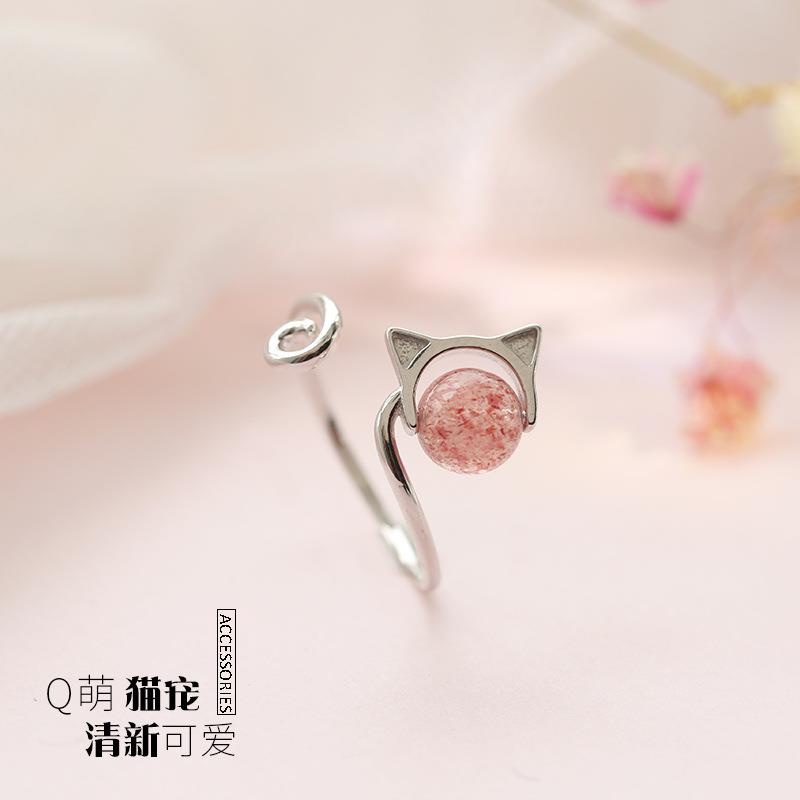 Nhẫn mới khai trương mèo dâu tây pha lê cô gái trái tim trong nhẫn nữ ngón trỏ nhẫn nhật bản và hàn quốc lưới màu đỏ nhỏ f