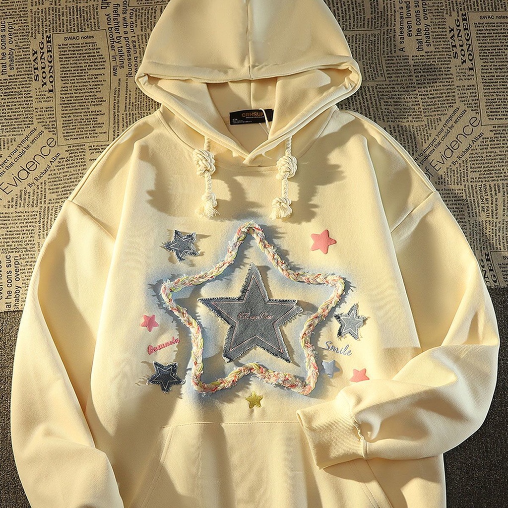 Áo Khoác Hoodie Mỏng Dáng Rộng Thêu Hình Ngôi Sao Kiểu Retro Mỹ Dễ Thương Cho Nữ