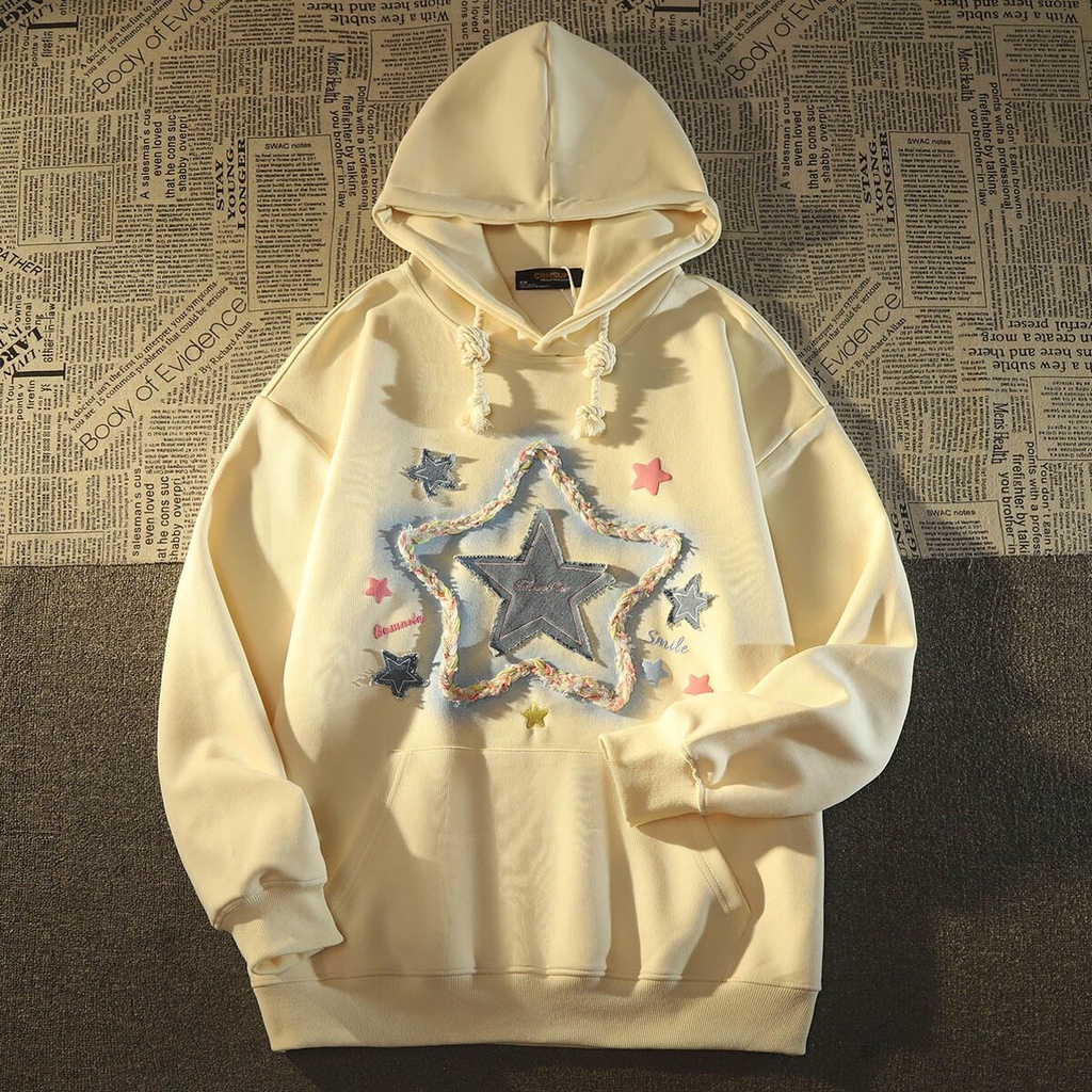 Áo Khoác Hoodie Mỏng Dáng Rộng Thêu Hình Ngôi Sao Kiểu Retro Mỹ Dễ Thương Cho Nữ
