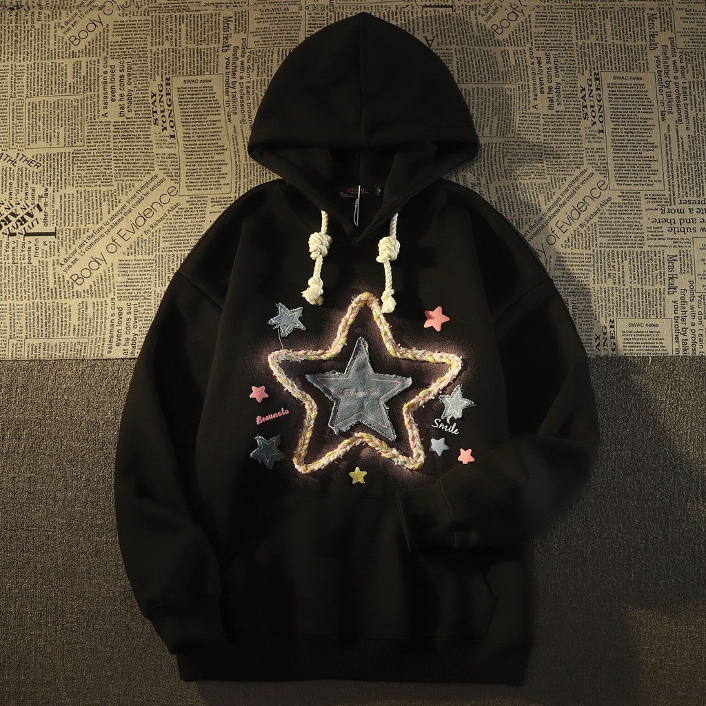 Áo Khoác Hoodie Mỏng Dáng Rộng Thêu Hình Ngôi Sao Kiểu Retro Mỹ Dễ Thương Cho Nữ