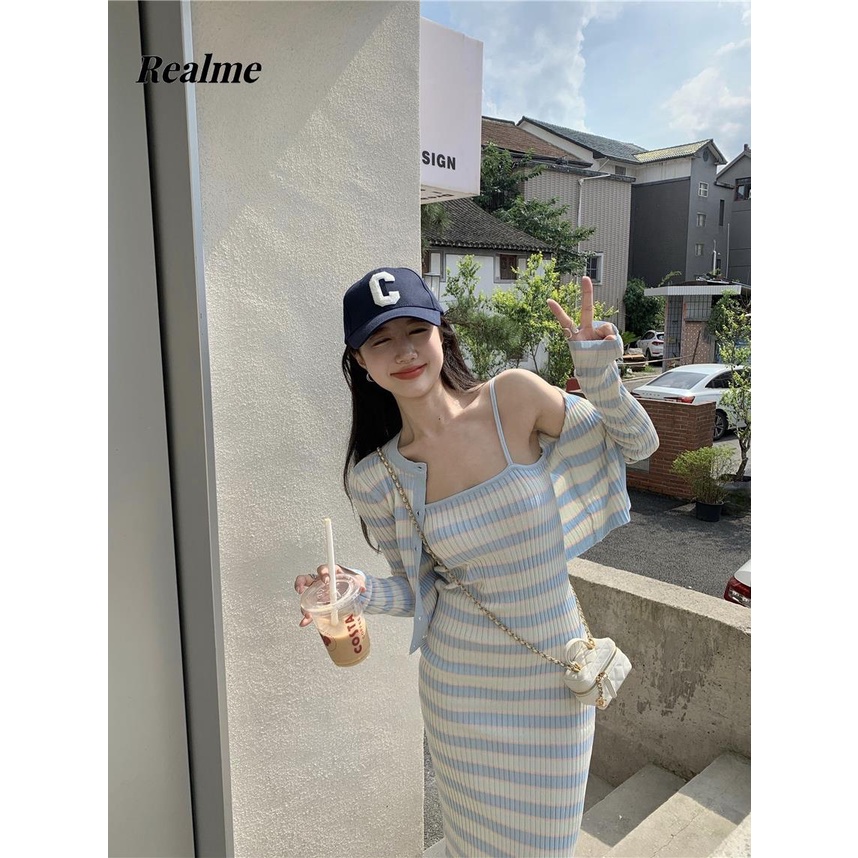 Set Đầm Hai Dây Và Áo Khoác Cardigan Dệt Kim Họa Tiết Kẻ Sọc Màu Xanh Dương Thời Trang Xuân Thu Cho Nữ