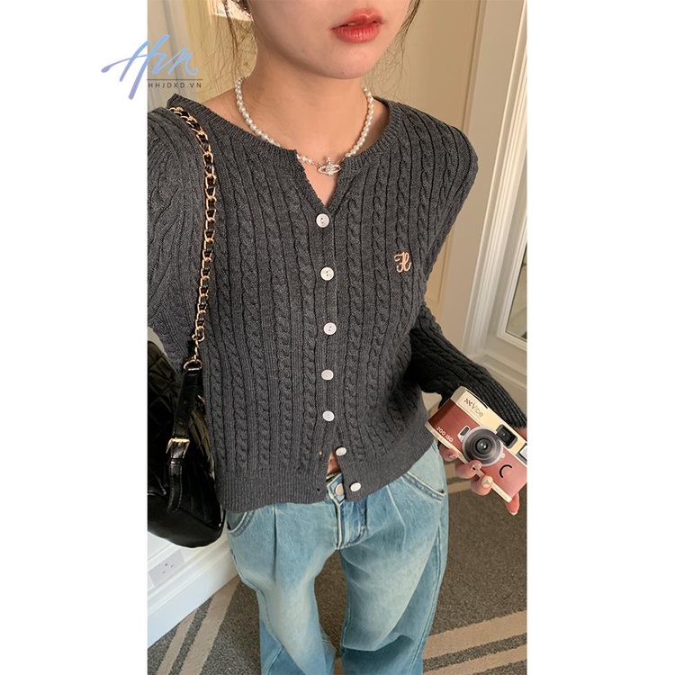 Áo Khoác Dệt Kim Cổ V Thêu Chữ Màu Sắc Tương Phản Thời Trang Mùa Xuân Cho Nữ