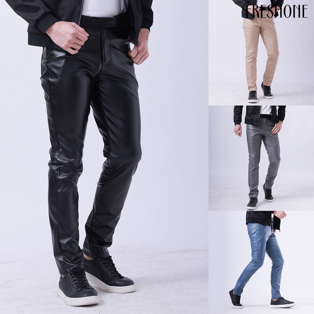 Quần tây nam màu sắc đơn giản mùa thu đàn hồi phong cách punk giả da quần bút chì cho câu lạc bộ đêm