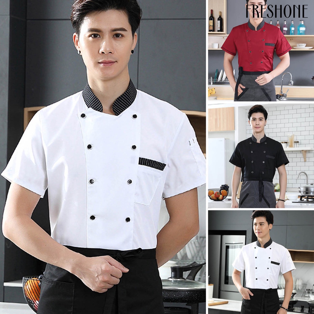 Cổ đứng tay áo ngắn đôi miếng dán ngực túi ghép màu đồng phục đầu bếp phụ nữ đàn ông dịch vụ tiệm bánh thoáng khí áo sơ mi đầu bếp quần áo làm việc