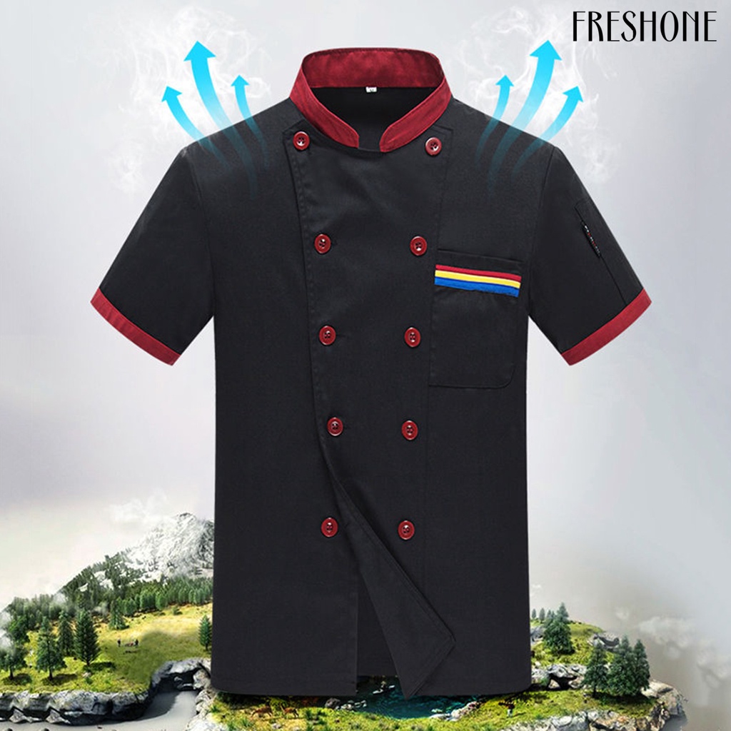[fo] Áo khoác đầu bếp unisex màu phù hợp với đôi ngực ngắn tay đứng cổ áo dịch vụ ăn uống đồng phục đầu bếp áo sơ mi bồi bàn hàng đầu cho nhà bếp