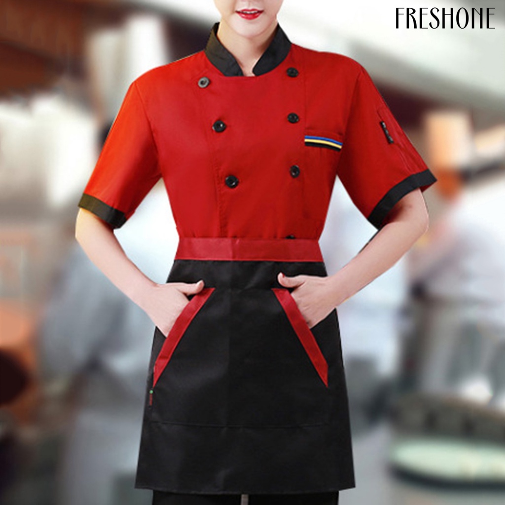 [fo] Áo khoác đầu bếp unisex màu phù hợp với đôi ngực ngắn tay đứng cổ áo dịch vụ ăn uống đồng phục đầu bếp áo sơ mi bồi bàn hàng đầu cho nhà bếp