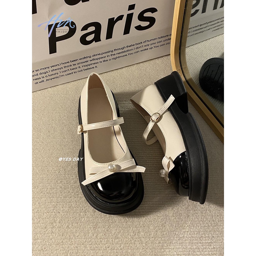 Giày Mary Jane Da Mũi Tròn Phối Màu Phong Cách Thời Trang Retro Nhật Bản 2023