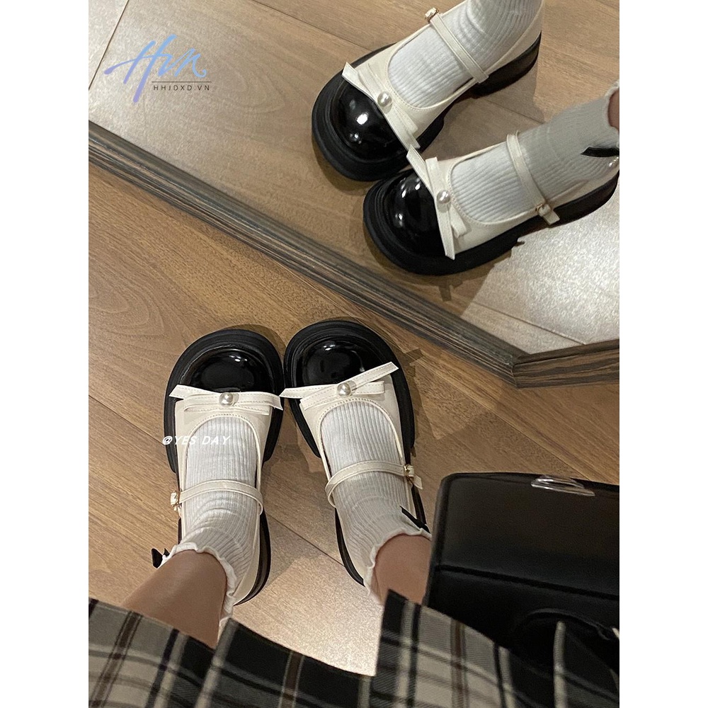 Giày Mary Jane Da Mũi Tròn Phối Màu Phong Cách Thời Trang Retro Nhật Bản 2023