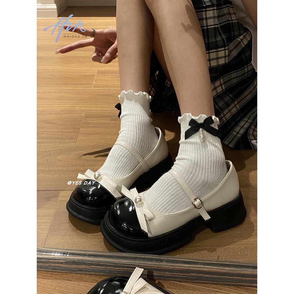 Giày Mary Jane Da Mũi Tròn Phối Màu Phong Cách Thời Trang Retro Nhật Bản 2023