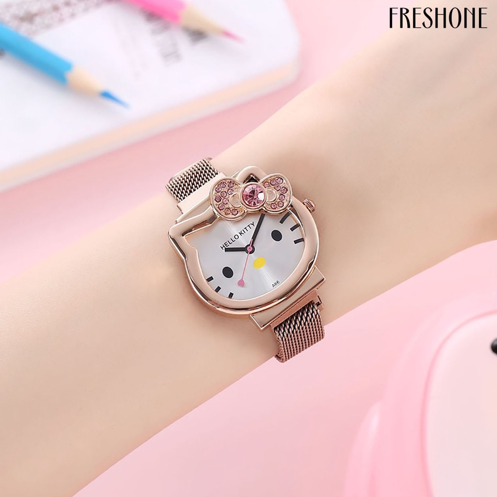 Đồng hồ thạch anh chính xác mặt số tròn hiển thị con trỏ sáng bóng rhinestone dát chronograph dây đai lưới trẻ em phim hoạt hình dễ thương đồng hồ thạch anh mèo cho học sinh