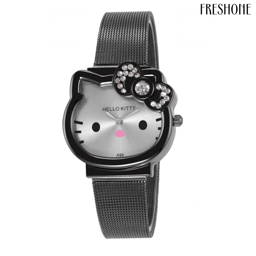 Đồng hồ thạch anh chính xác mặt số tròn hiển thị con trỏ sáng bóng rhinestone dát chronograph dây đai lưới trẻ em phim hoạt hình dễ thương đồng hồ thạch anh mèo cho học sinh