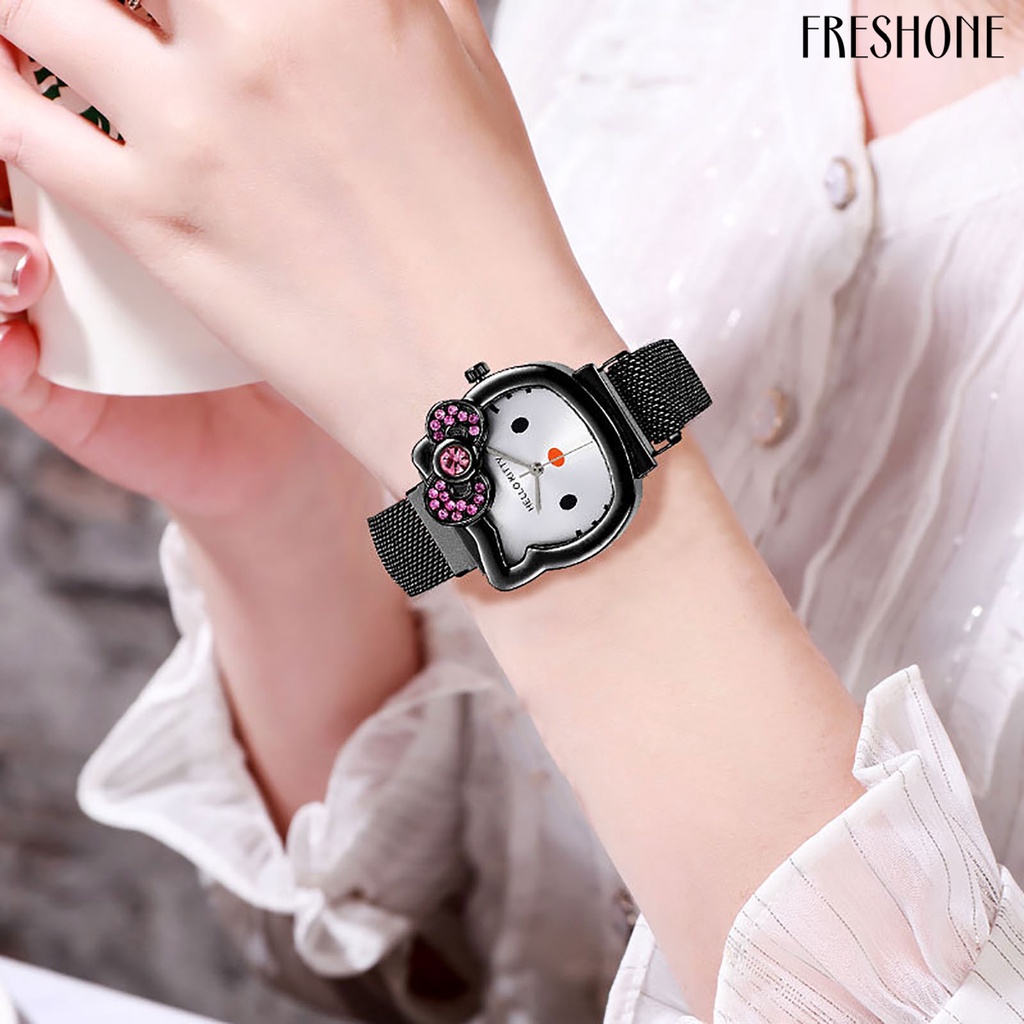 Đồng hồ thạch anh chính xác mặt số tròn hiển thị con trỏ sáng bóng rhinestone dát chronograph dây đai lưới trẻ em phim hoạt hình dễ thương đồng hồ thạch anh mèo cho học sinh