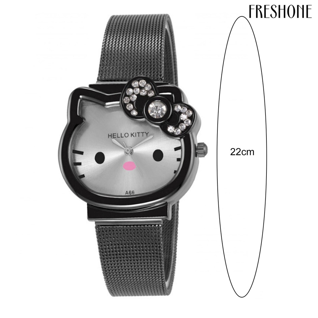 Đồng hồ thạch anh chính xác mặt số tròn hiển thị con trỏ sáng bóng rhinestone dát chronograph dây đai lưới trẻ em phim hoạt hình dễ thương đồng hồ thạch anh mèo cho học sinh