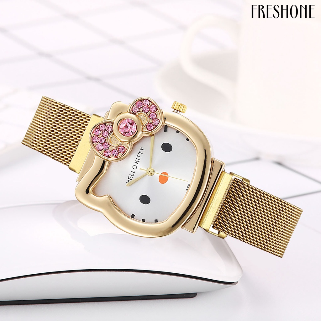 Đồng hồ thạch anh chính xác mặt số tròn hiển thị con trỏ sáng bóng rhinestone dát chronograph dây đai lưới trẻ em phim hoạt hình dễ thương đồng hồ thạch anh mèo cho học sinh