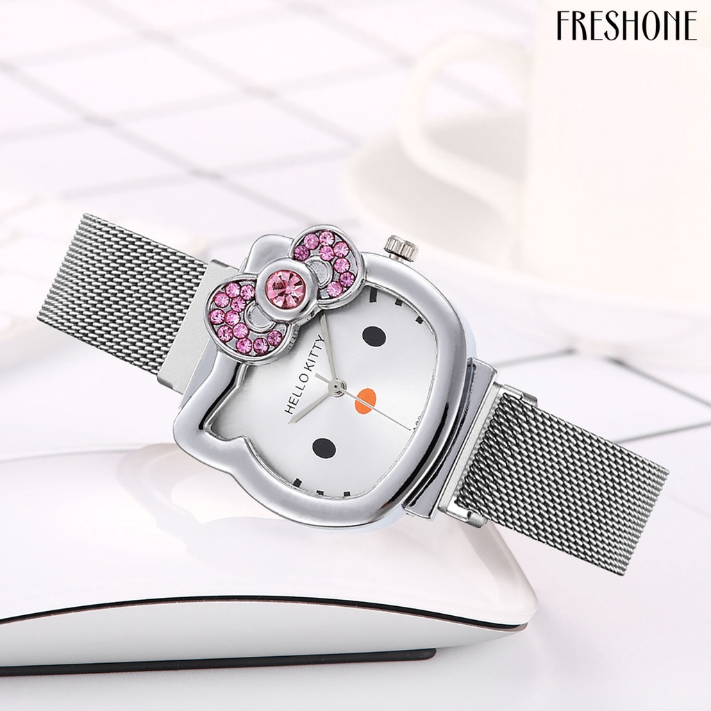 Đồng hồ thạch anh chính xác mặt số tròn hiển thị con trỏ sáng bóng rhinestone dát chronograph dây đai lưới trẻ em phim hoạt hình dễ thương đồng hồ thạch anh mèo cho học sinh