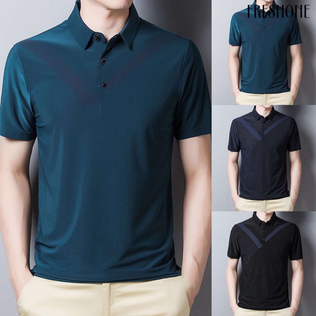 Fh áo sơ mi sọc in tay ngắn polyester tay áo ngắn nút t-shirt cho doanh nghiệp