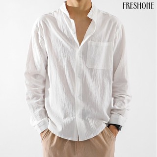 [Ayyune] Áo Khoác Sơ Mi Linen Dáng Rộng Cổ Đứng Cài Nút Màu Ấm Áp Thời Trang 2020 Mới Cho Nam