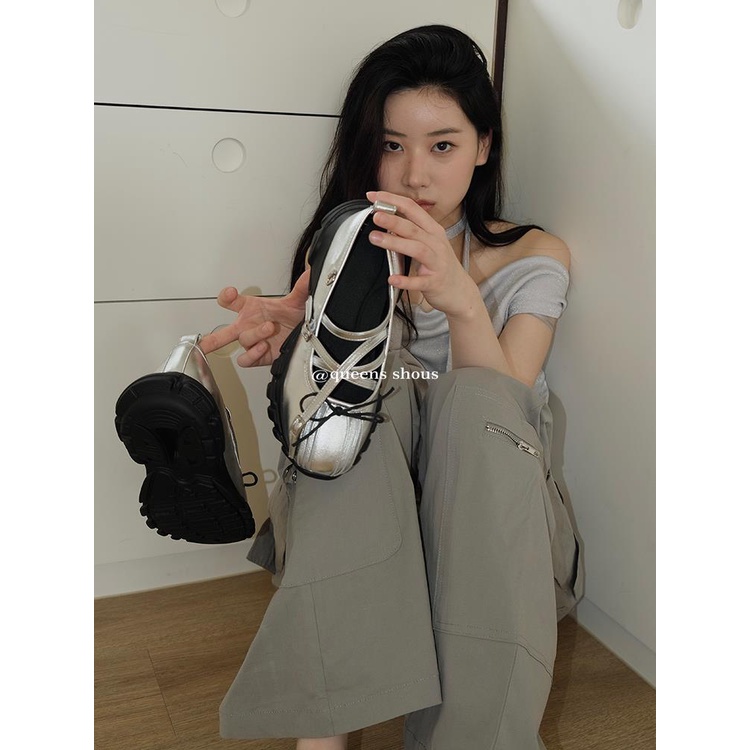 Giày Mary Jane Mùa Hè 2023 Mũi Tròn Đế Dày Bằng Da Màu Đen Phong Cách Thời Trang Cho Nữ