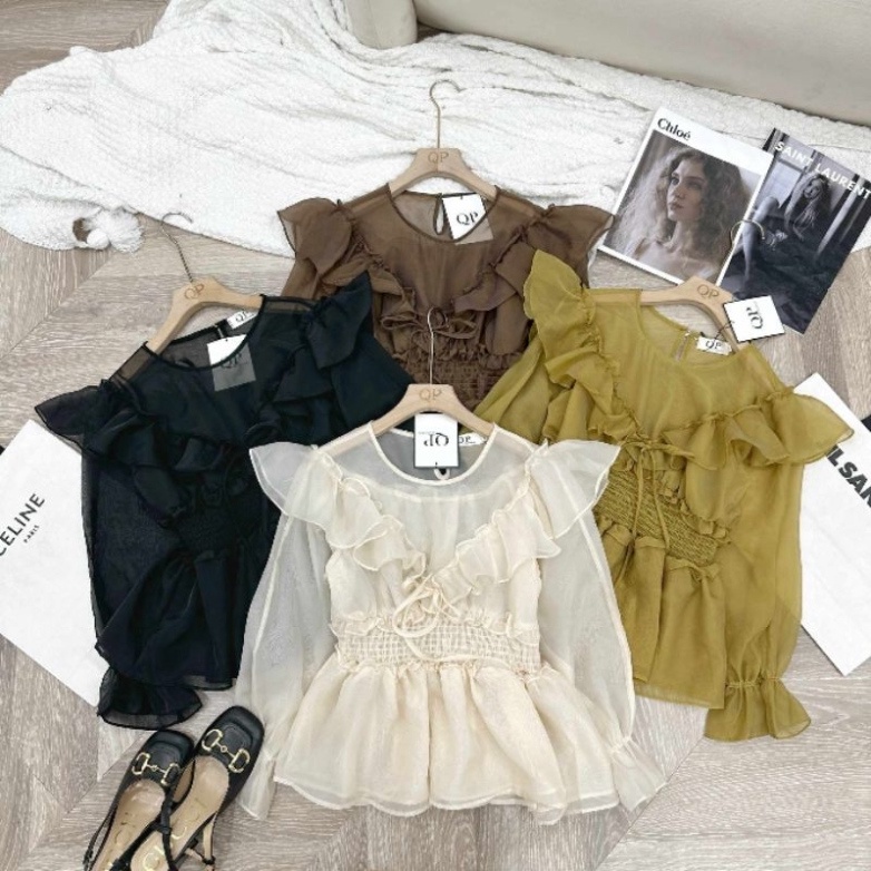 Áo sơmi tơ bèo chun eo 3/8