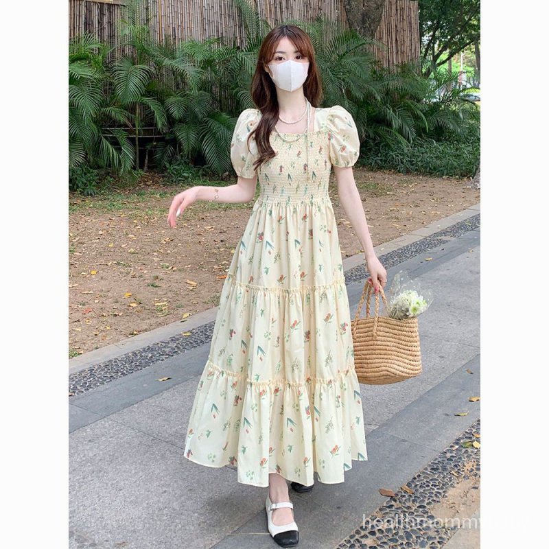 Váy Liền Cho Con Bú Cổ Vuông Tay Phồng Bo Eo Thon Gọn Mẫu Dài Vừa Hoa Nhỏ Váy Ngắn Tay Trang Phục Cho Con Bú Đi Chơi
