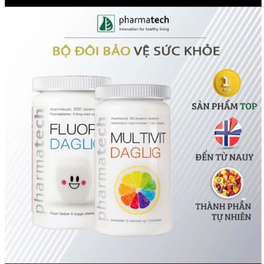 Combo vitamin và viên ngậm răng Multivit Daglig 180v Fluor Daglig 90v  Pharmatech