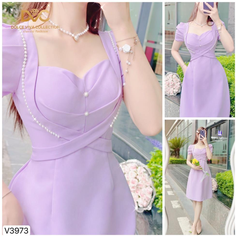 VÁY NỮ ĐI CHƠI, ĐI LÀM, VÁY TÍM ĐÍNH VIỀN NGỌC CỔ VUÔNG V3973 - DVC AS STORE-DVC CHÍNH HÃNG