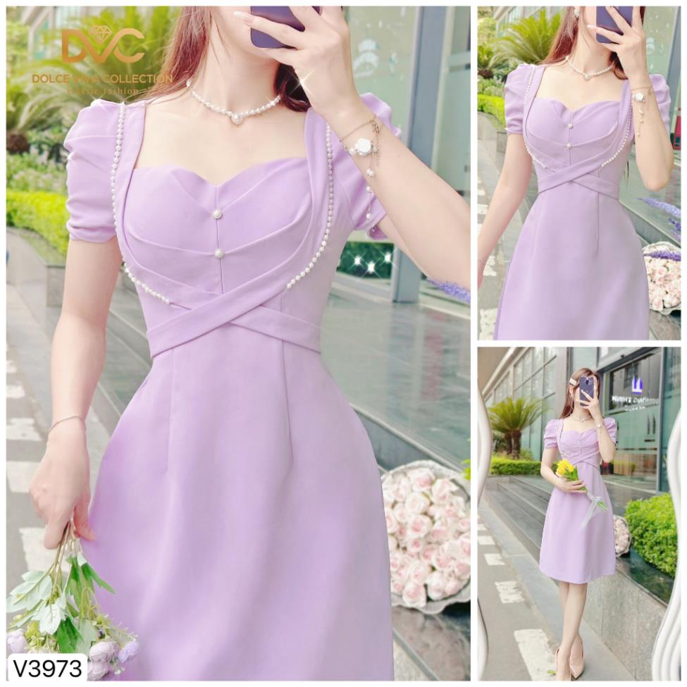 VÁY NỮ ĐI CHƠI, ĐI LÀM, VÁY TÍM ĐÍNH VIỀN NGỌC CỔ VUÔNG V3973 - DVC AS STORE-DVC CHÍNH HÃNG
