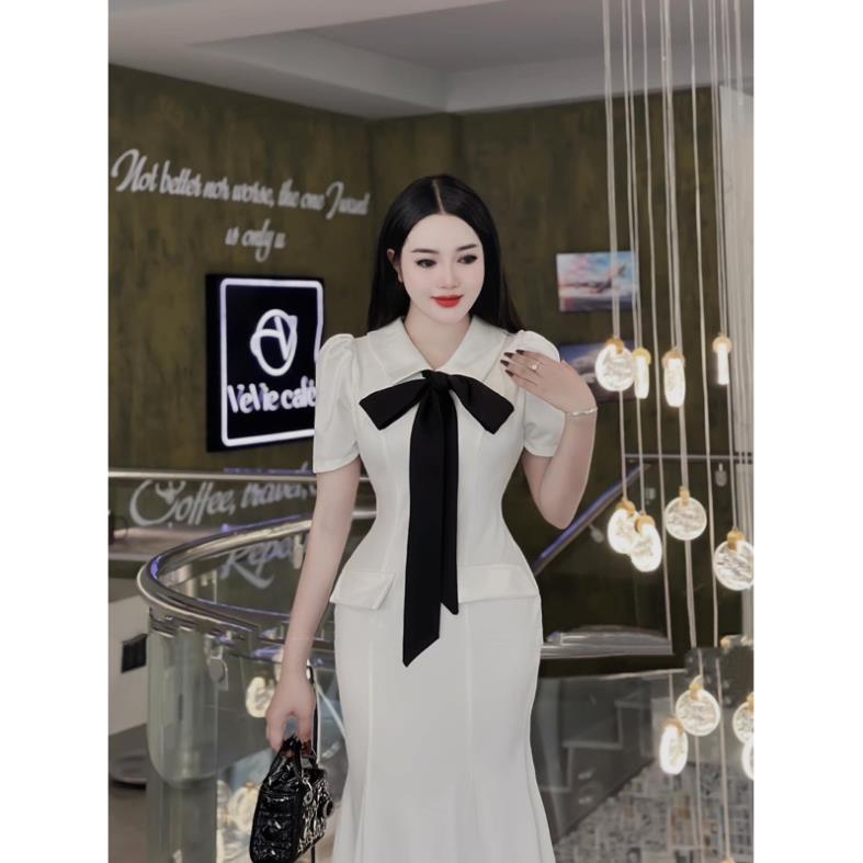Đầm midi body cổ bẻ đuôi cá phối nơ cổ to