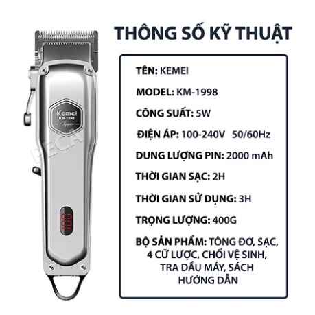Tông Đơ Cắt Tóc Kemei KM 1998 Cao Cấp - Pin Lithium 2000mAh - Hàng Chính Hãng Chuẩn Salon - Bảo Hành 12 Tháng