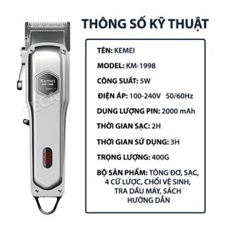 Tông Đơ Cắt Tóc Kemei KM 1998 Cao Cấp - Pin Lithium 2000mAh