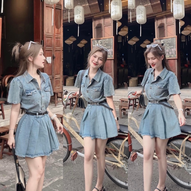 𝗩𝗶𝗱𝗲𝗼 𝗔̉𝗻𝗵 𝗧𝗵𝗮̣̂𝘁 ✔ Set Áo Sơmi Bò Mix phần chân váy Xoè Xếp Ly Kèm Đai Da Chất Bò Mềm Có Ảnh Thật Kèm Vide