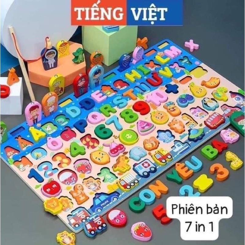 Đồ chơi Bảng Gỗ Câu Cá, Chữ Số, Chữ Cái, Phương Tiện 90 Chi Tiết 7in1 tiếng Việt Baostore