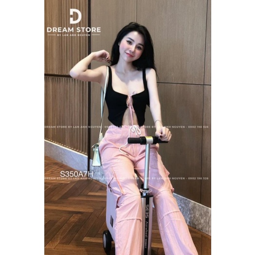 Set Bộ Đồ Nữ Áo Croptop Hai Dây Buộc Nơ Ngực Mix Quần Dài Túi Hộp Ống Rộng Phối Rút Eo Freesize Màu Hồng -S3059