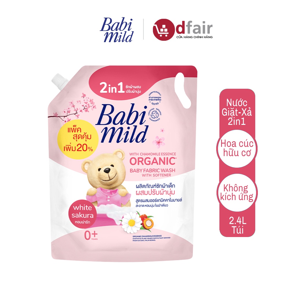 Nước Giặt Xả 2in1 Dịu Nhẹ Babi Mild White Sakura 2400ml túi