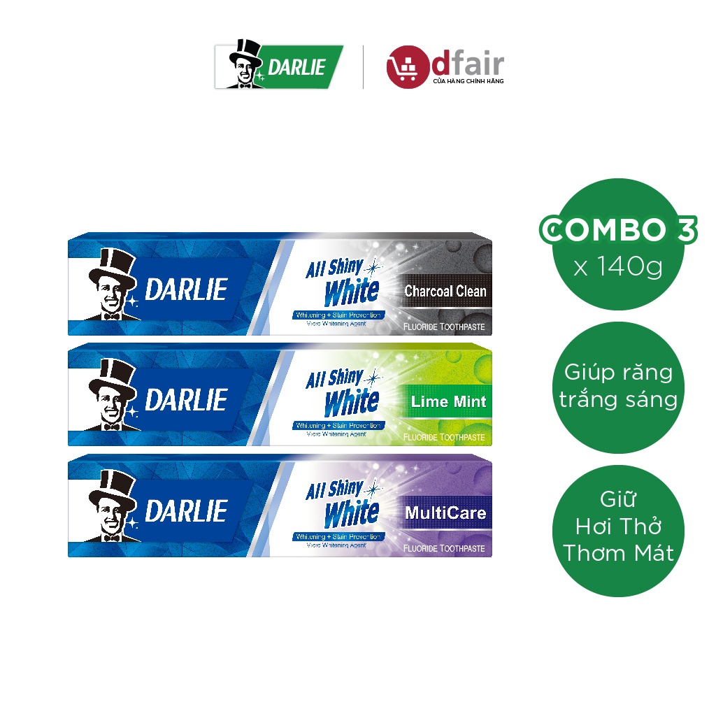 Bộ 3 Kem Đánh Răng Darlie All Shiny White (Charcoal Clean + Lime Mint + Multi Care) 140g/tuýp